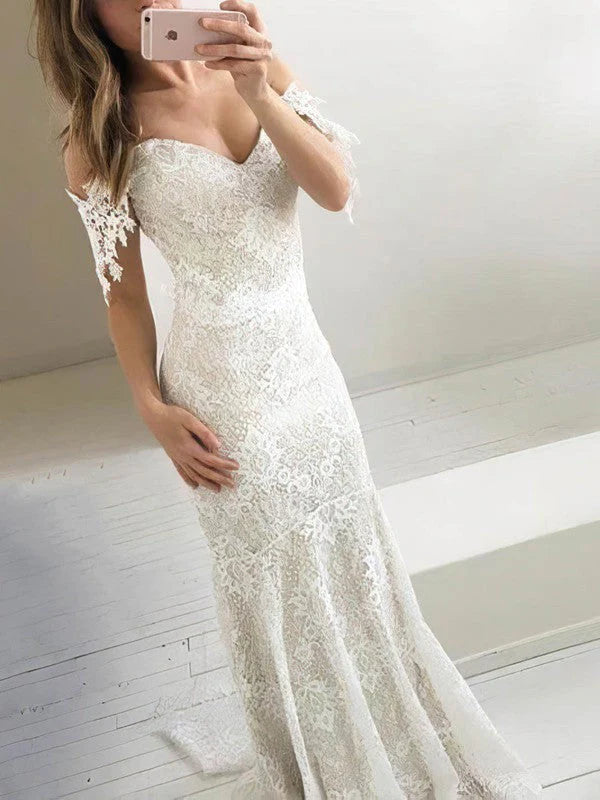 Mermaid Off-the-Shoulder Style Lace Sweep Train Applique Wedding Dress
