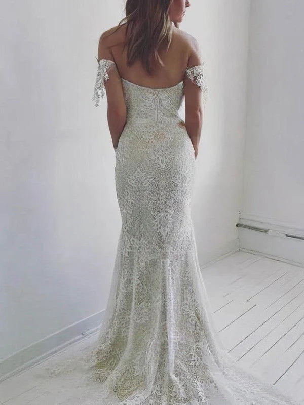 Mermaid Off-the-Shoulder Style Lace Sweep Train Applique Wedding Dress