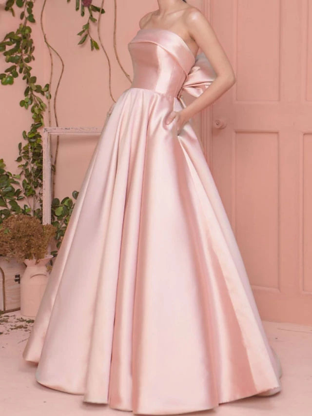 Beach Wedding A-Line Prom Dresses Elegant Dress Wedding Guest Engagement Floor Length Sleeveless Strapless Satin with Pleats