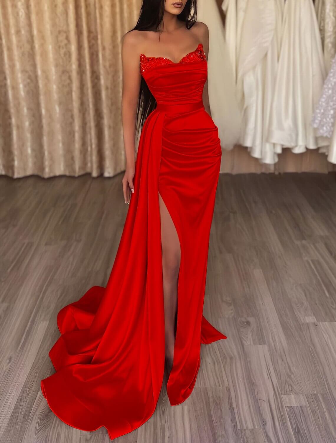 Mermaid Sequin Evening Gown Sexy Dress Wedding Guest Cocktail Party Court Train Sleeveless Strapless Bridesmaid Dress Satin with Beading Pure Color Masquerade Dress