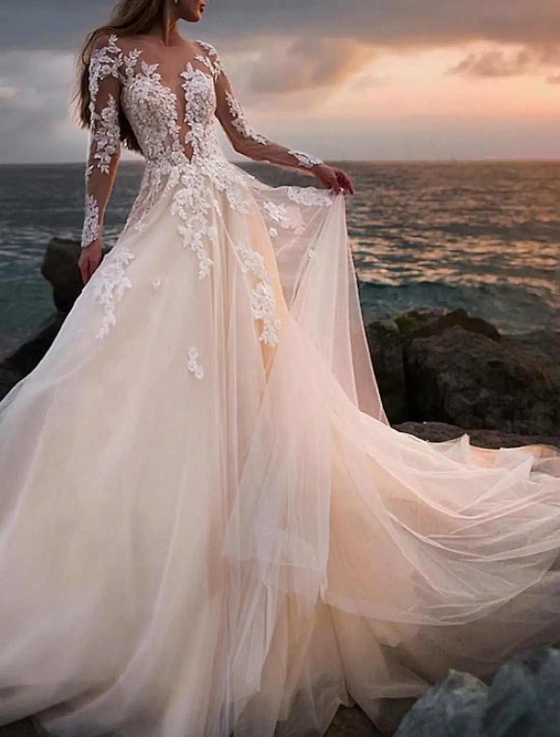 Beach Wedding Beach Open Back Wedding Dresses A-Line Illusion Neck Long Sleeve Court Train Lace Bridal Gowns With Appliques