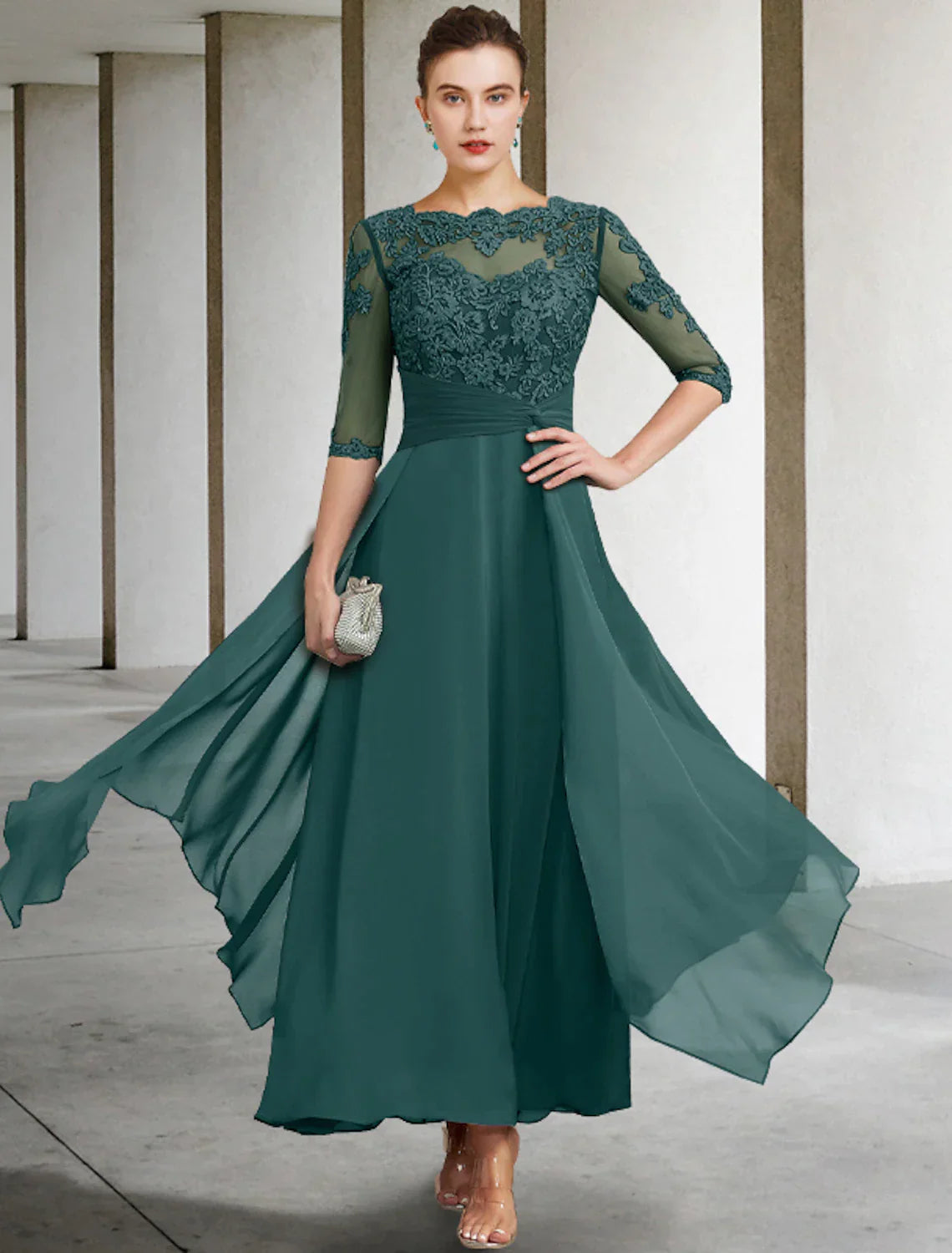 A-Line Chrismas Dress Mother of the Bride Dress Wedding Guest Elegant Plus Size Jewel Neck Ankle Length Chiffon Lace Half Sleeve with Ruched Beading Appliques dress