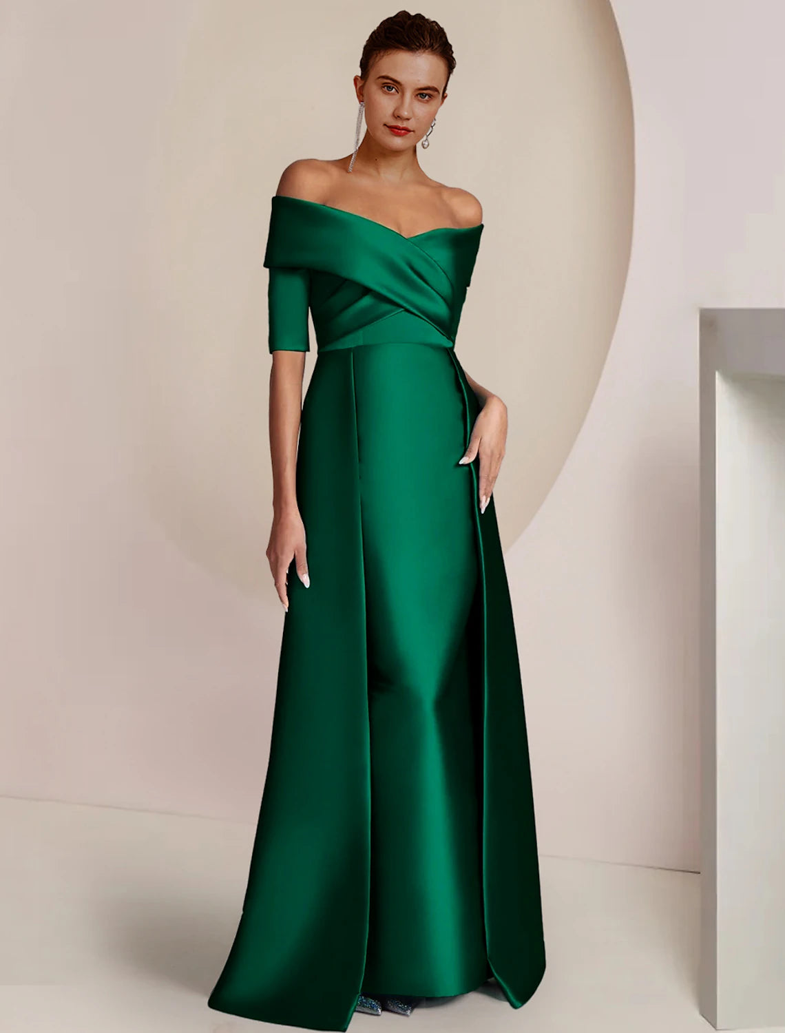 Sheath / Column Chrismas Dress Mother of the Bride Dress Formal Wedding Guest Elegant Party Off Shoulder Floor Length Satin Half Sleeve with Ruching dress