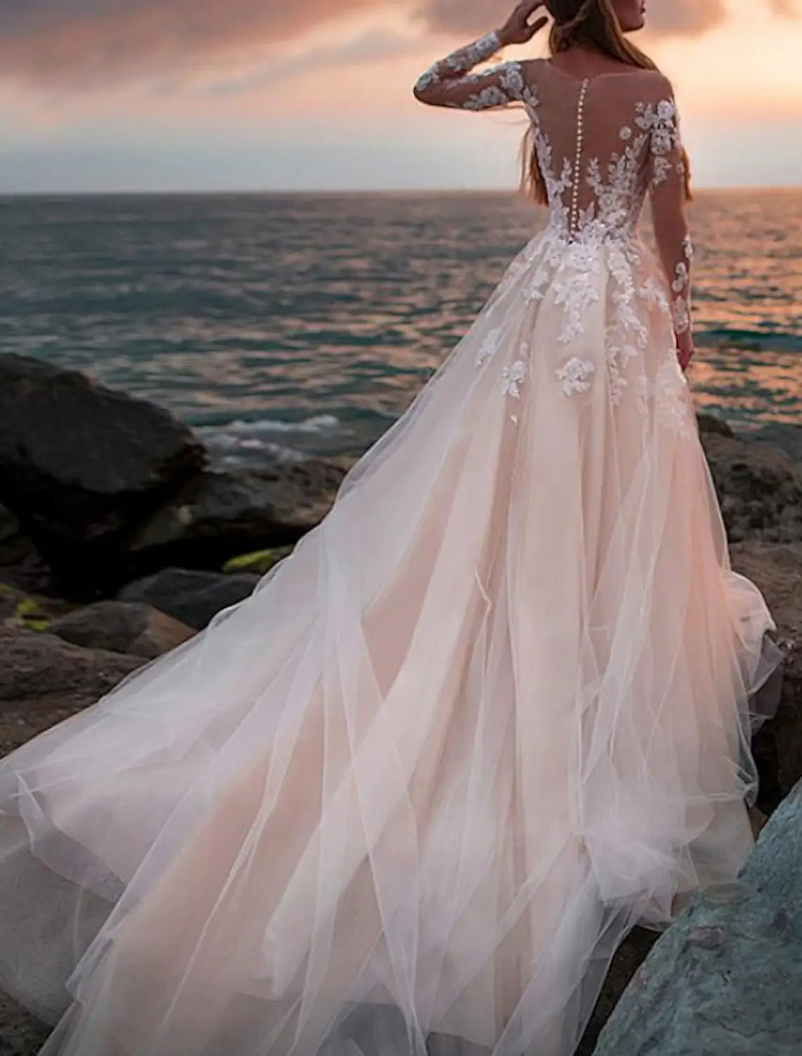 Beach Wedding Beach Open Back Wedding Dresses A-Line Illusion Neck Long Sleeve Court Train Lace Bridal Gowns With Appliques