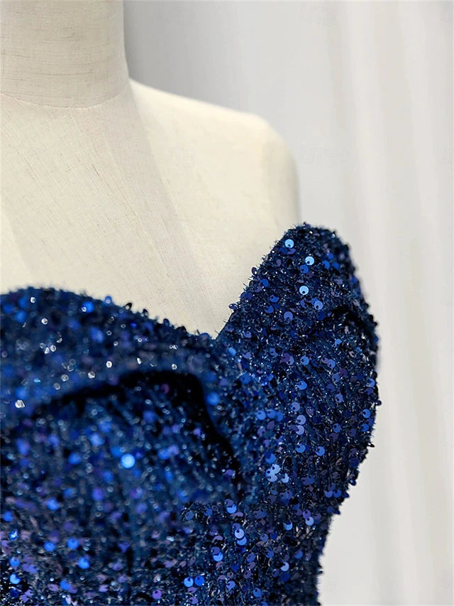 A-Line Mermaid Trumpet Floor Length Prom Dresses Elegant Sleeveless Off Shoulder Prom Evening Party Sequined Backless with Pleats Sequin