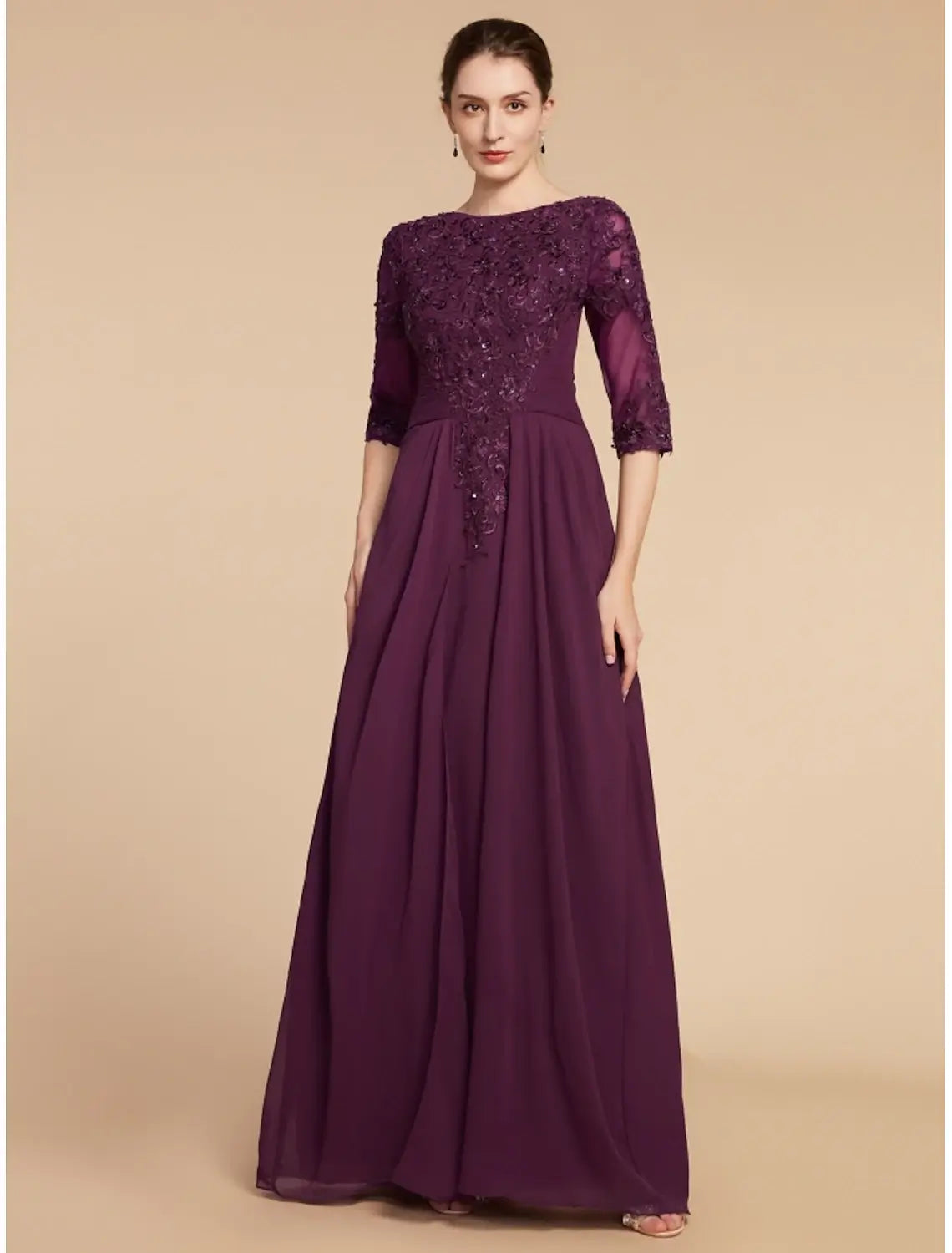 Sheath / Column Mother of the Bride Dress Wedding Guest Elegant Scoop Neck Floor Length Chiffon Lace Half Sleeve with Pleats Sequin