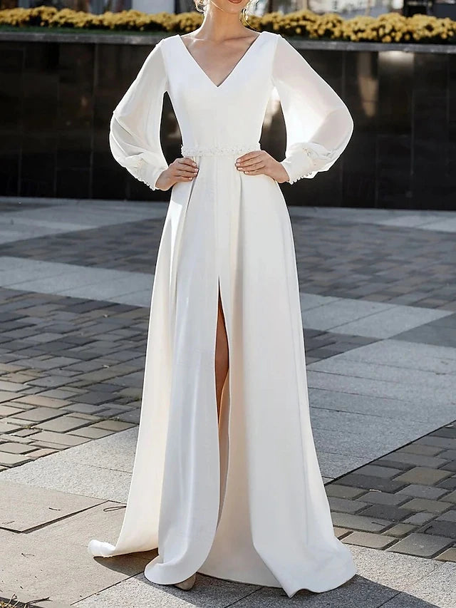 Casual Wedding Dresses A-Line V Neck Long Sleeve Floor Length Stretch Crepe Wedding Guest Dress Simple Bridal Gowns With Beaded Waist Belt