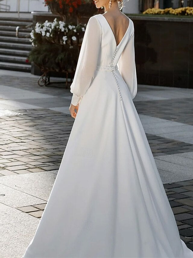 Casual Wedding Dresses A-Line V Neck Long Sleeve Floor Length Stretch Crepe Wedding Guest Dress Simple Bridal Gowns With Beaded Waist Belt