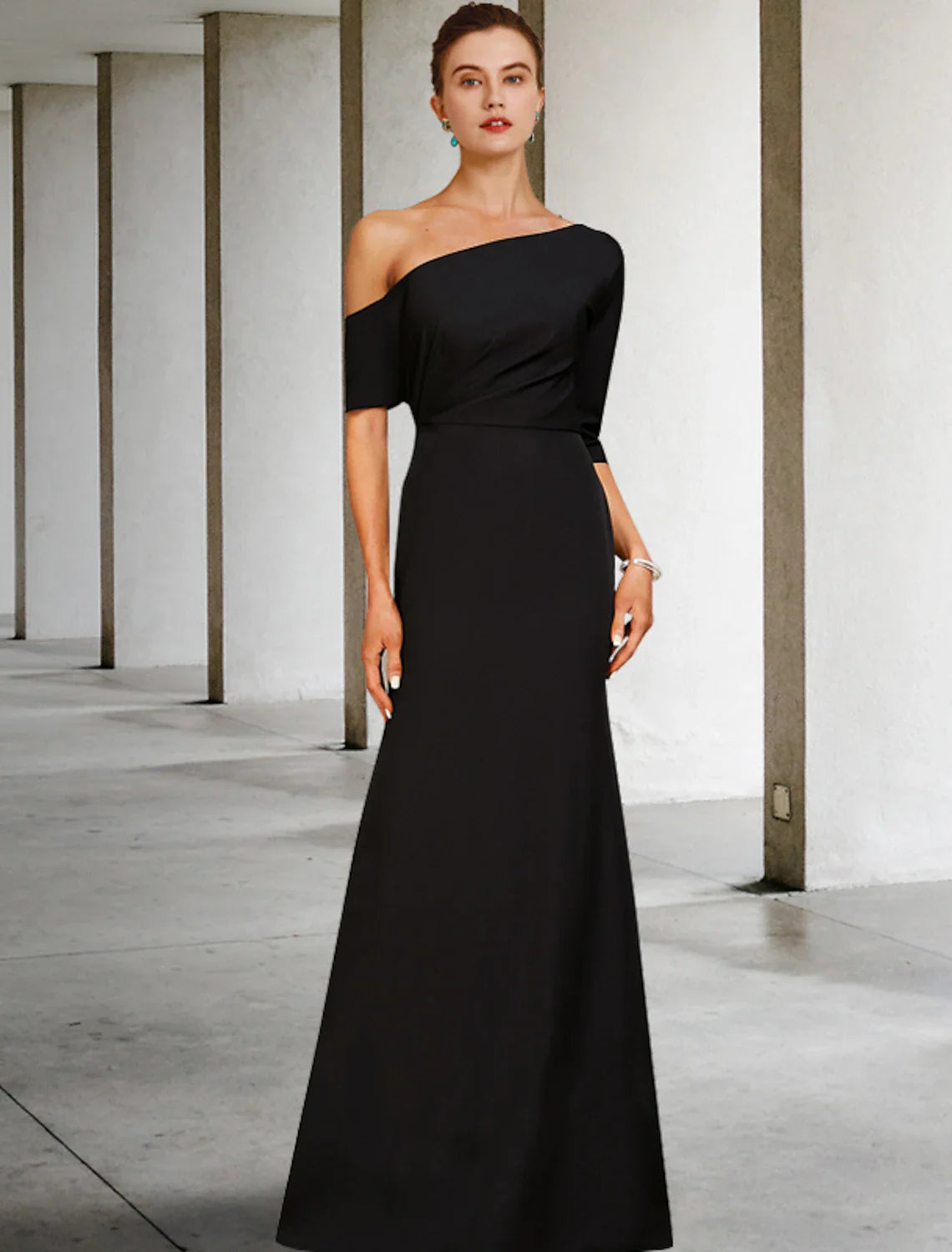 A-Line Mother of the Bride Dress Wedding Guest Elegant Vintage One Shoulder Floor Length Charmeuse 3/4 Length Sleeve with Ruffles Side-Draped