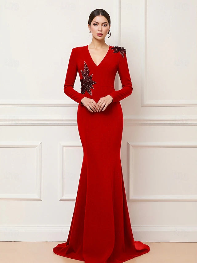 Mermaid Trumpet Sweep Brush Train Prom Dresses Evening Gown Ball Gown Formal Dress Elegant Celebrity Style Long Sleeve V Neck Wedding Formal Stretch Crepe with Embroidery