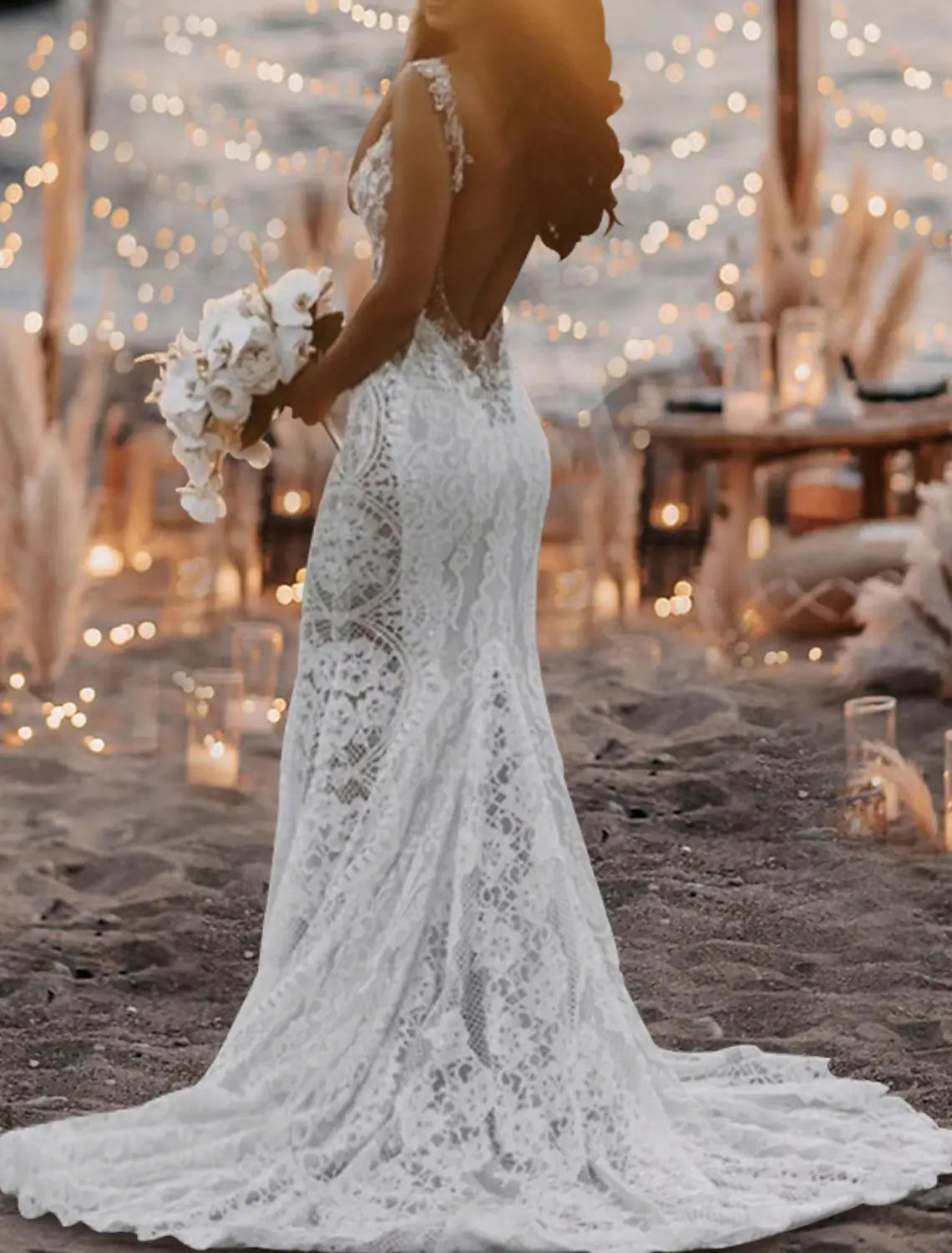 Beach Wedding Beach Open Back Sexy Boho Wedding Dresses Mermaid V Neck Sleeveless Court Train Lace Bridal Gowns With Appliques
