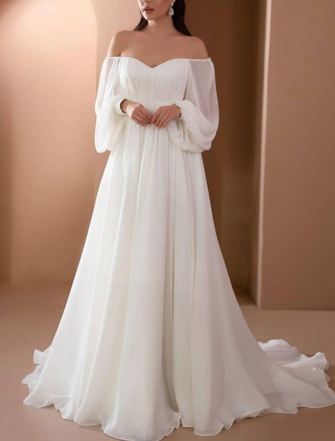 Beach Wedding Beach Vintage Wedding Dresses A-Line Off Shoulder Long Sleeve Court Train Chiffon Bridal Gowns With Pleats Beading