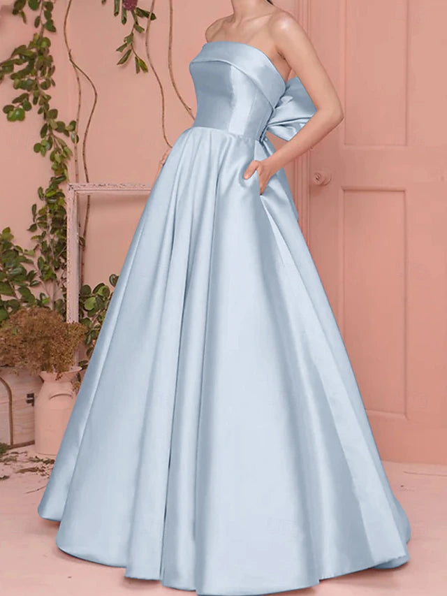 Beach Wedding A-Line Prom Dresses Elegant Dress Wedding Guest Engagement Floor Length Sleeveless Strapless Satin with Pleats