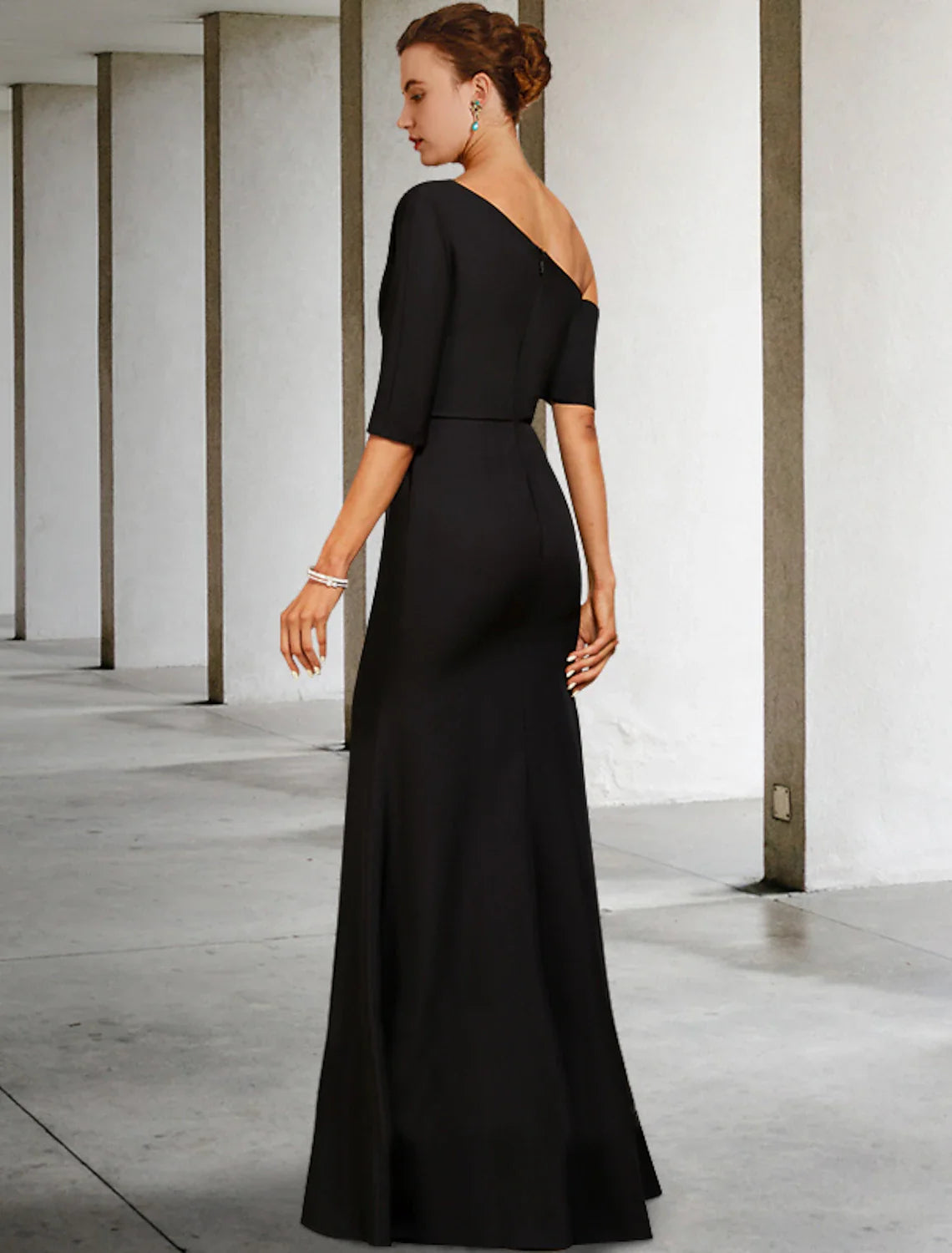 A-Line Mother of the Bride Dress Wedding Guest Elegant Vintage One Shoulder Floor Length Charmeuse 3/4 Length Sleeve with Ruffles Side-Draped