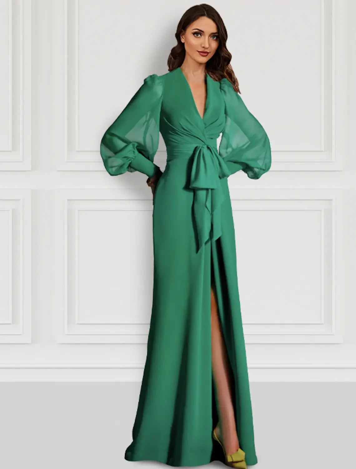 Mermaid / Trumpet Evening Gown Elegant Dress Formal Wedding Guest Sweep / Brush Train Long Sleeve V Neck Fall Wedding Guest Chiffon with Slit Strappy Christmas Dress
