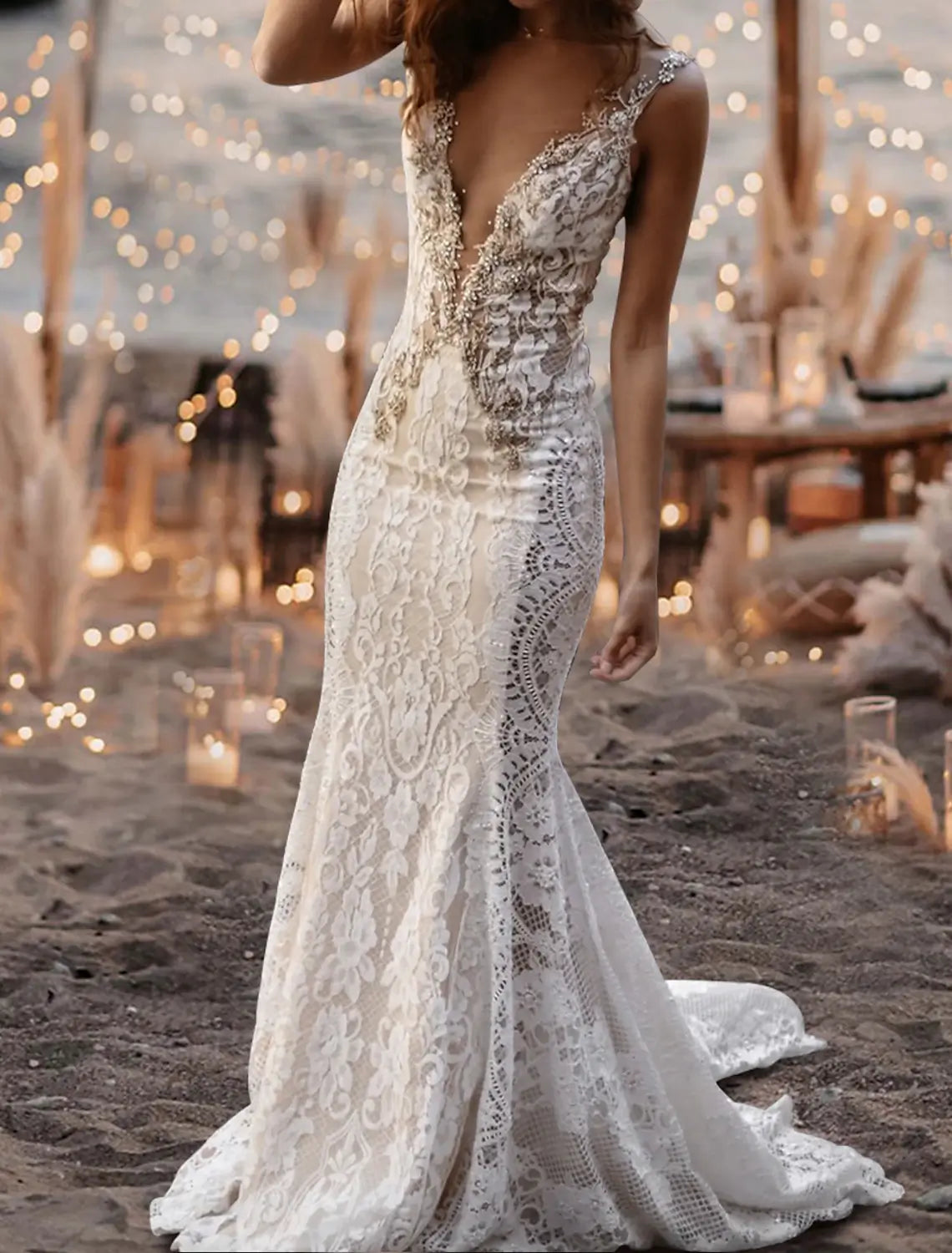 Beach Wedding Beach Open Back Sexy Boho Wedding Dresses Mermaid V Neck Sleeveless Court Train Lace Bridal Gowns With Appliques