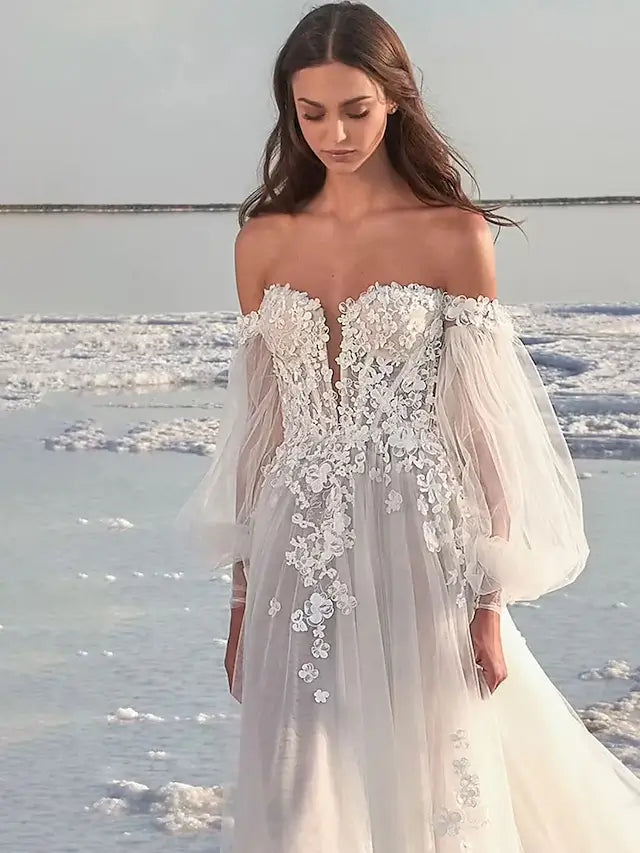 Beach Wedding Beach Formal Wedding Dresses A-Line Off Shoulder Long Sleeve Court Train Lace Bridal Gowns With Appliques