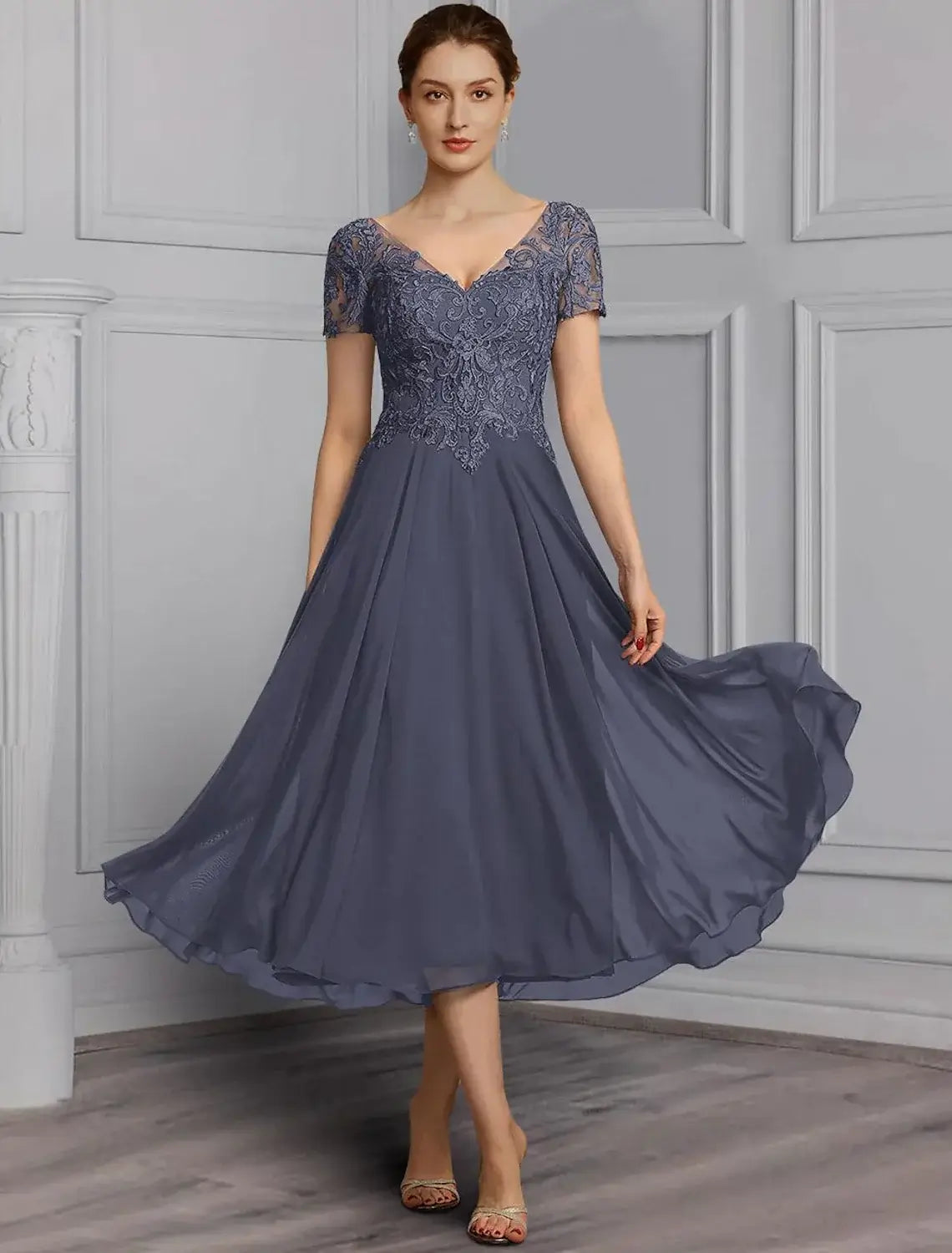 A-Line Mother of the Bride Dress Elegant Plus Size V Neck Tea Length Chiffon Lace Short Sleeve with Pleats Appliques
