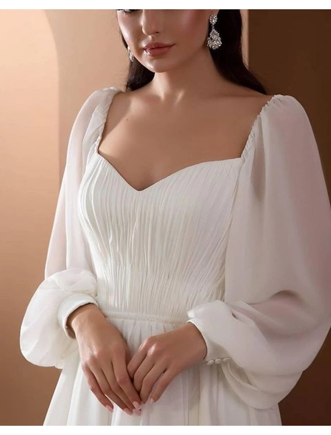 Beach Wedding Beach Vintage Wedding Dresses A-Line Off Shoulder Long Sleeve Court Train Chiffon Bridal Gowns With Pleats Beading