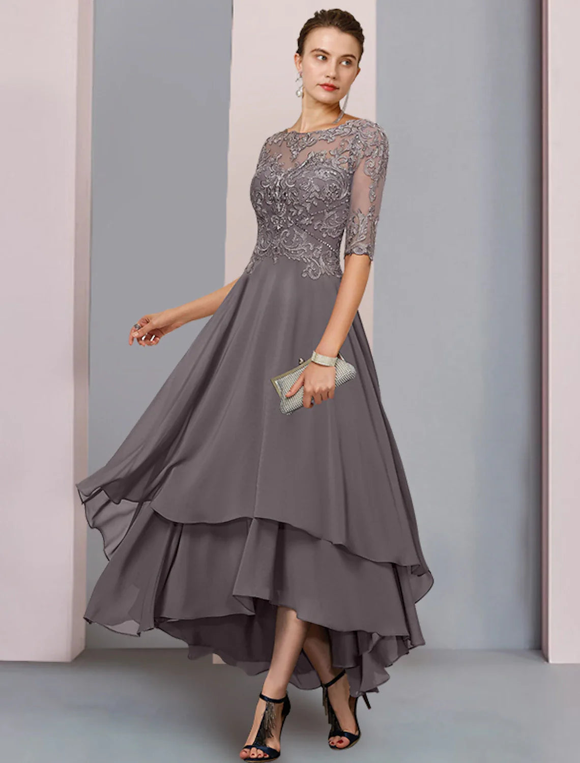 A-Line Mother of the Bride Dress Formal Wedding Guest Elegant Scoop Neck Asymmetrical Tea Length Chiffon Lace 3/4 Length Sleeve with Beading Tier Appliques dress to impress