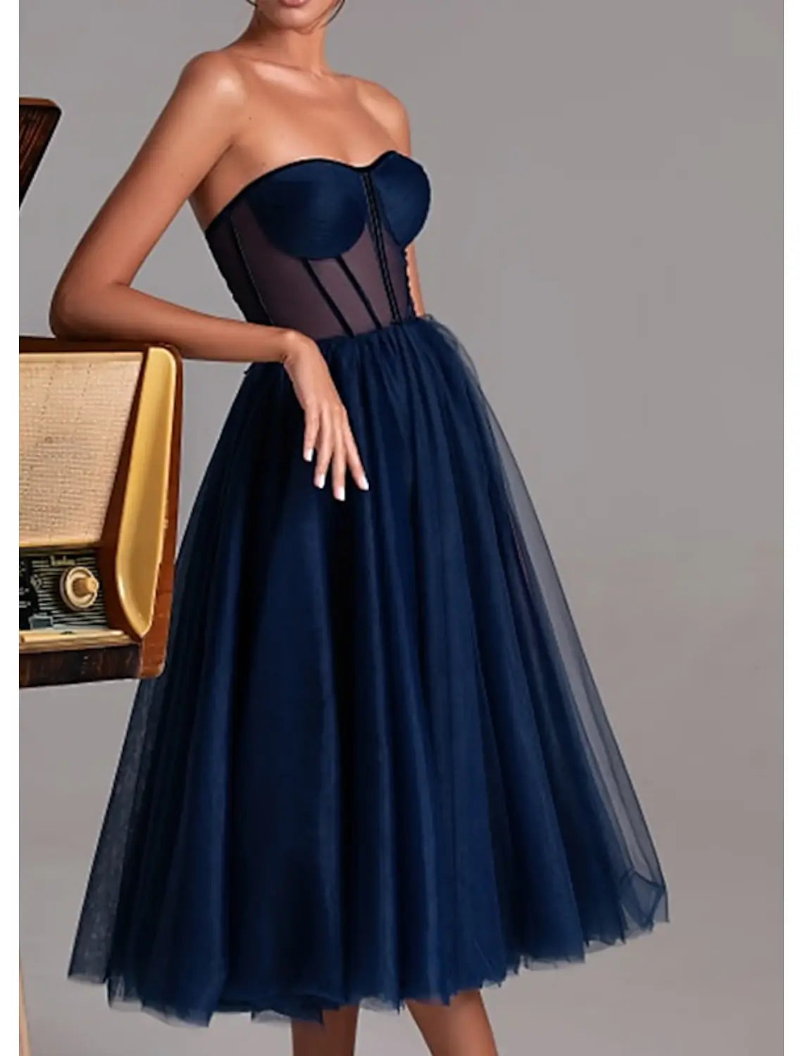 A-Line Cocktail Black Dress Party Dress Cocktail Party Prom Tea Length Sleeveless Sweetheart Fall Wedding Guest Tulle with Pleats dress