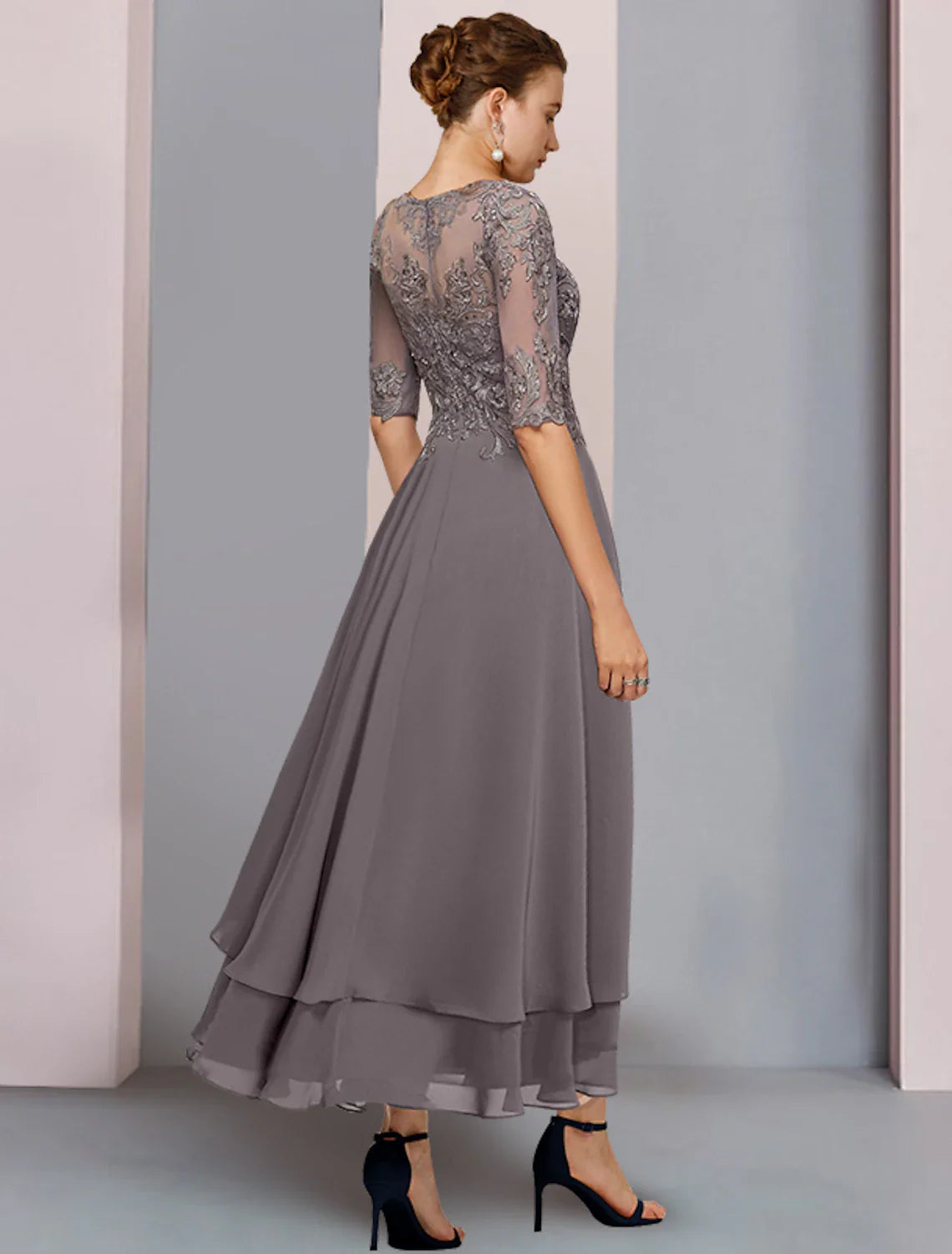 A-Line Mother of the Bride Dress Formal Wedding Guest Elegant Scoop Neck Asymmetrical Tea Length Chiffon Lace 3/4 Length Sleeve with Beading Tier Appliques dress to impress