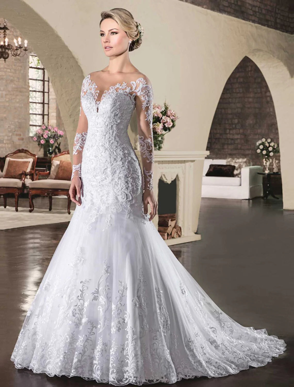 Engagement Open Back Formal Fall Wedding Dresses Mermaid / Trumpet Illusion Neck Long Sleeve Court Train Lace Bridal Gowns With Appliques