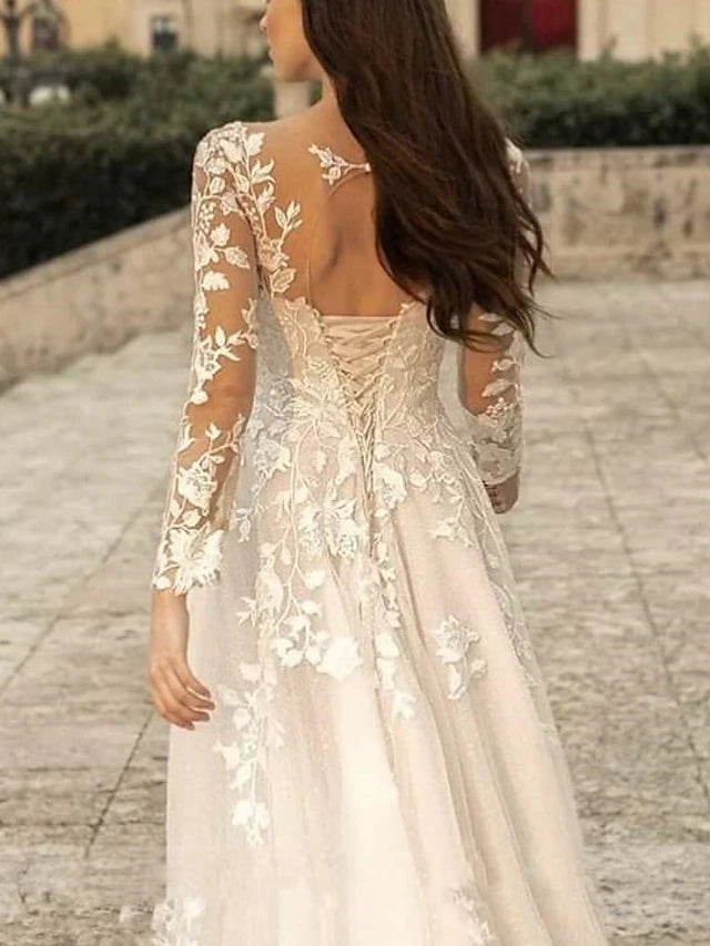 Beach Wedding Beach Formal Wedding Dresses A-Line V Neck Long Sleeve Sweep / Brush Train Lace Bridal Gowns With Flower Solid Color