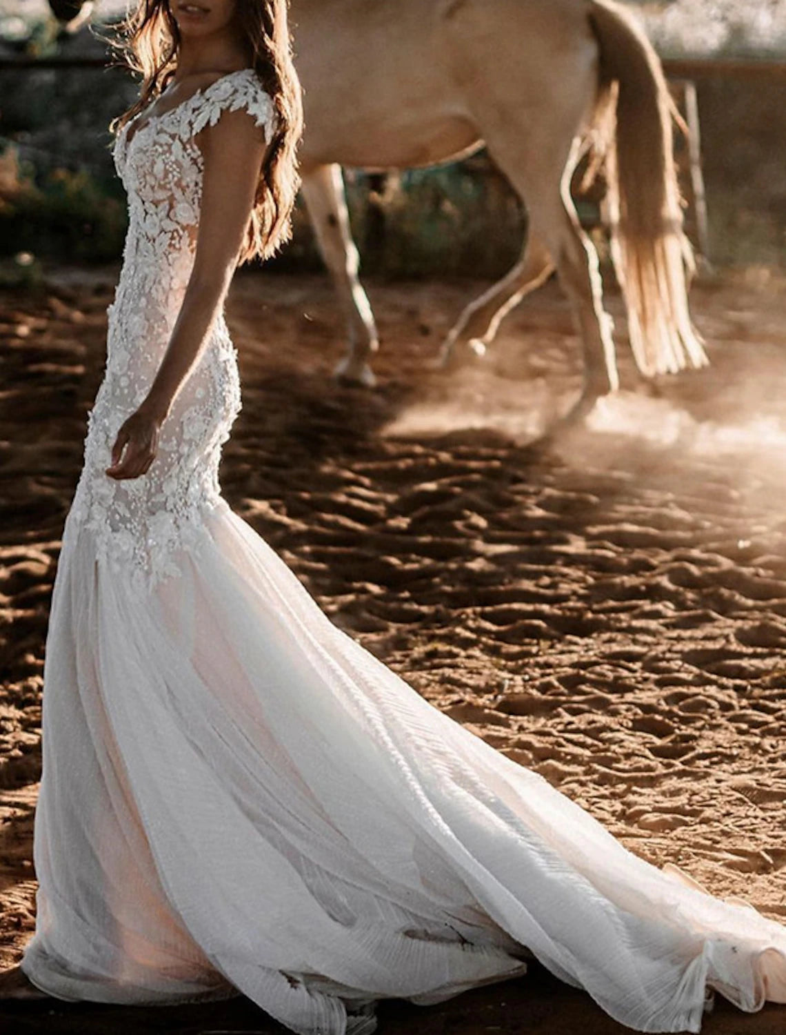 Beach Simple Wedding Dress Mermaid V Neck Cap Sleeve Court Train Lace Bridal Gowns With Appliques
