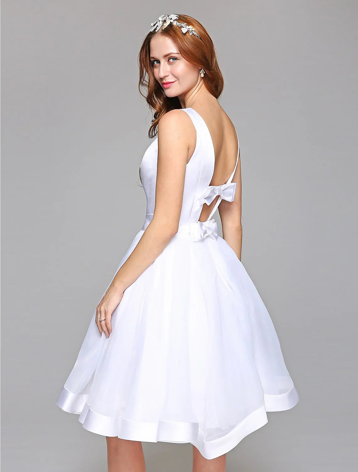 Wedding Dresses A-Line Bateau Neck Regular Straps Knee Length Satin Bridal Gowns With Bowknot Sash / Ribbon