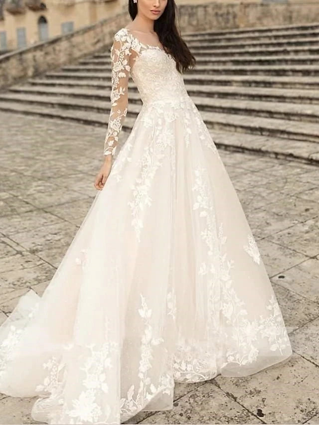 Beach Wedding Beach Formal Wedding Dresses A-Line V Neck Long Sleeve Sweep / Brush Train Lace Bridal Gowns With Flower Solid Color