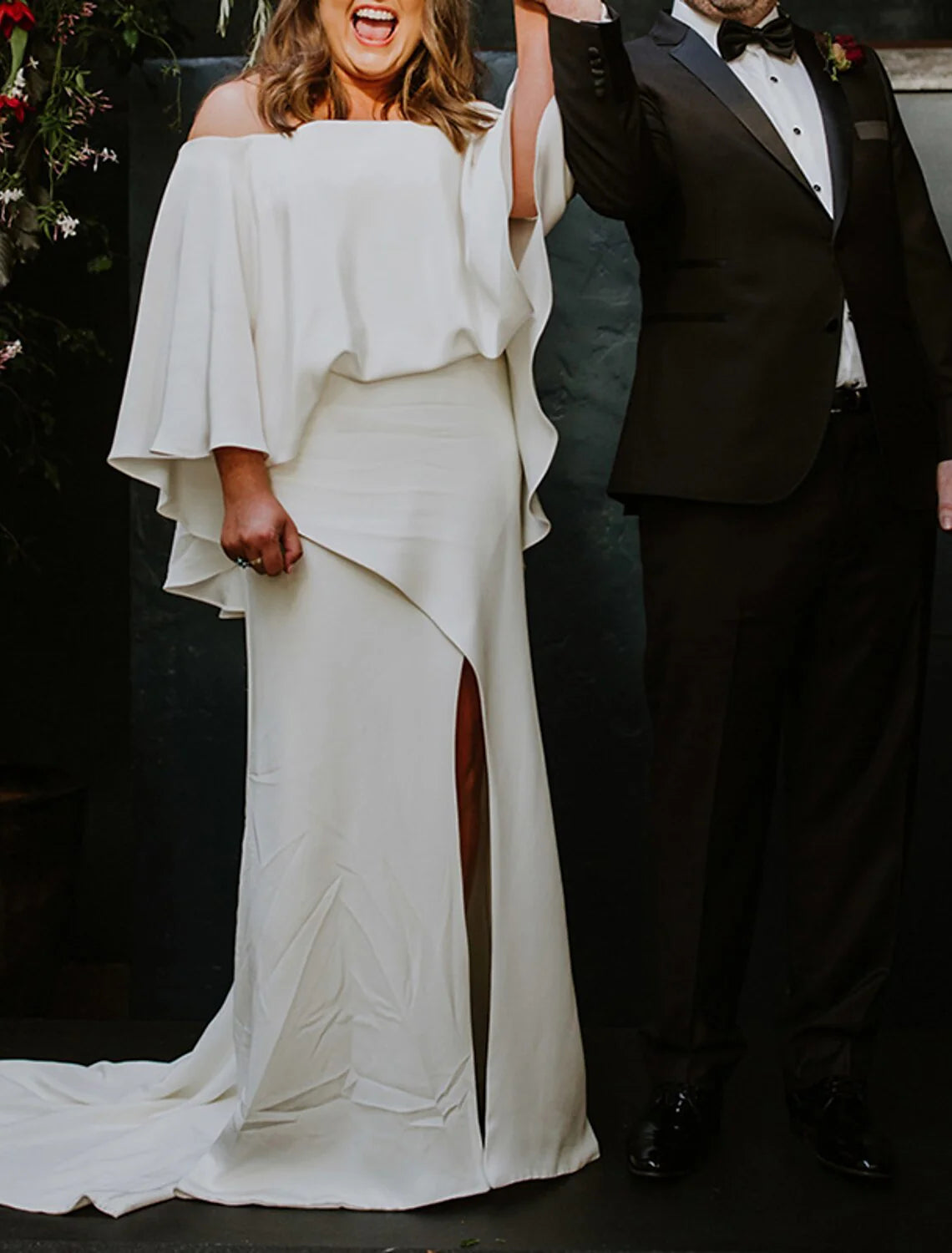 A-Line Plus Size Curve Wedding Dresses Minimalist Dress Party Wear Sweep / Brush Train Half Sleeve Off Shoulder Stretch Fabric with Ruffles Slit