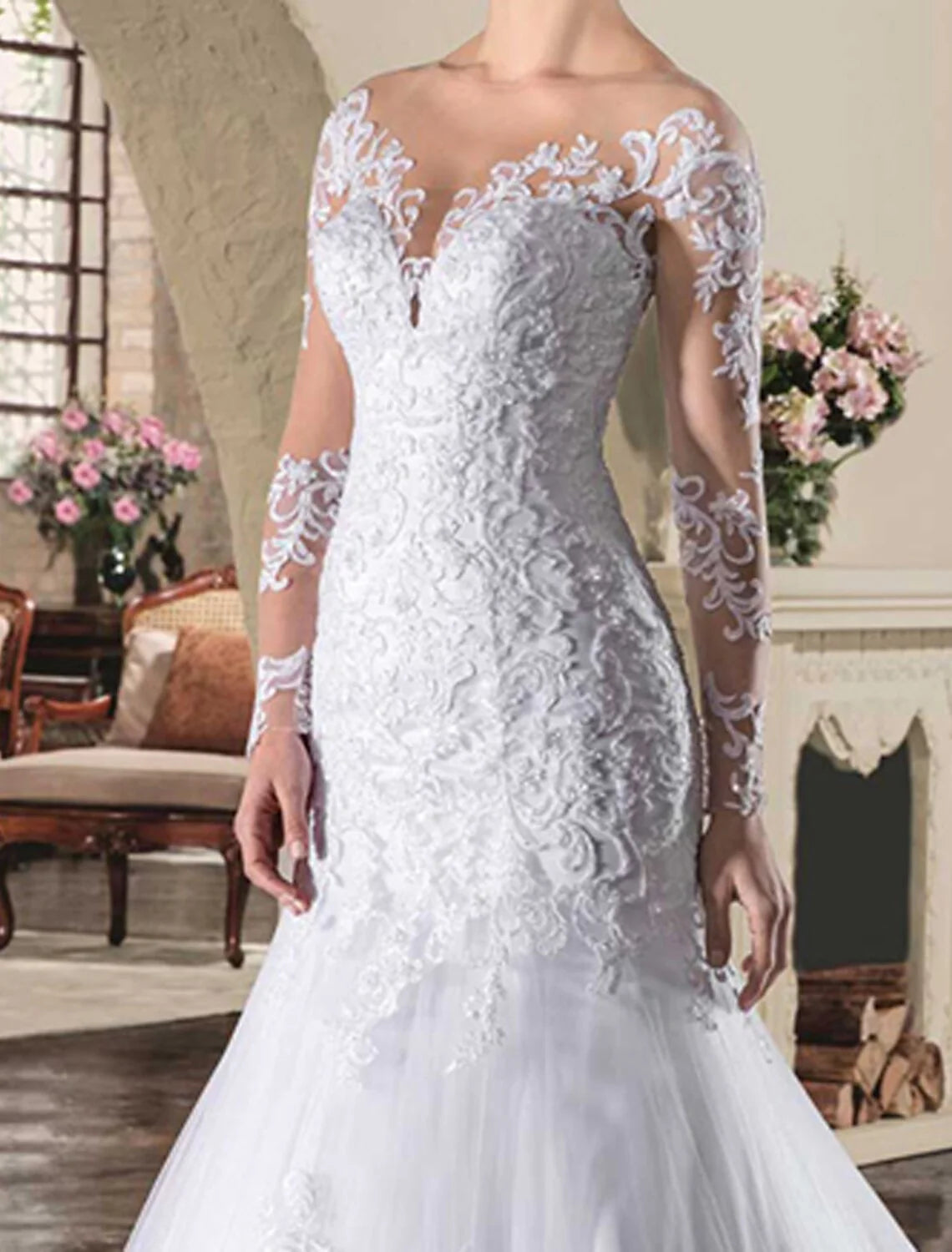 Engagement Open Back Formal Fall Wedding Dresses Mermaid / Trumpet Illusion Neck Long Sleeve Court Train Lace Bridal Gowns With Appliques