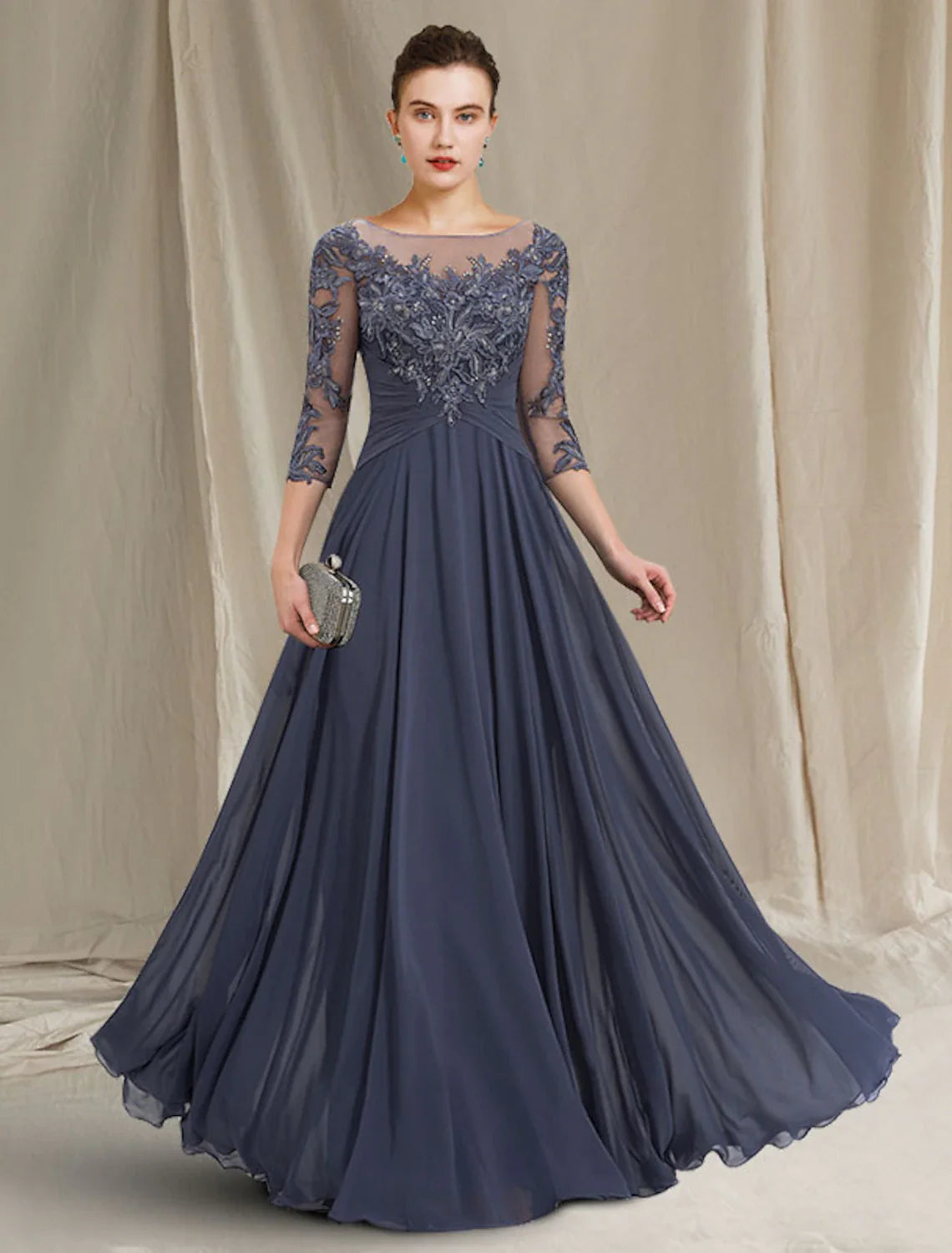 Elegant Chiffon Mother of the Bride Dress with Lace Sleeves