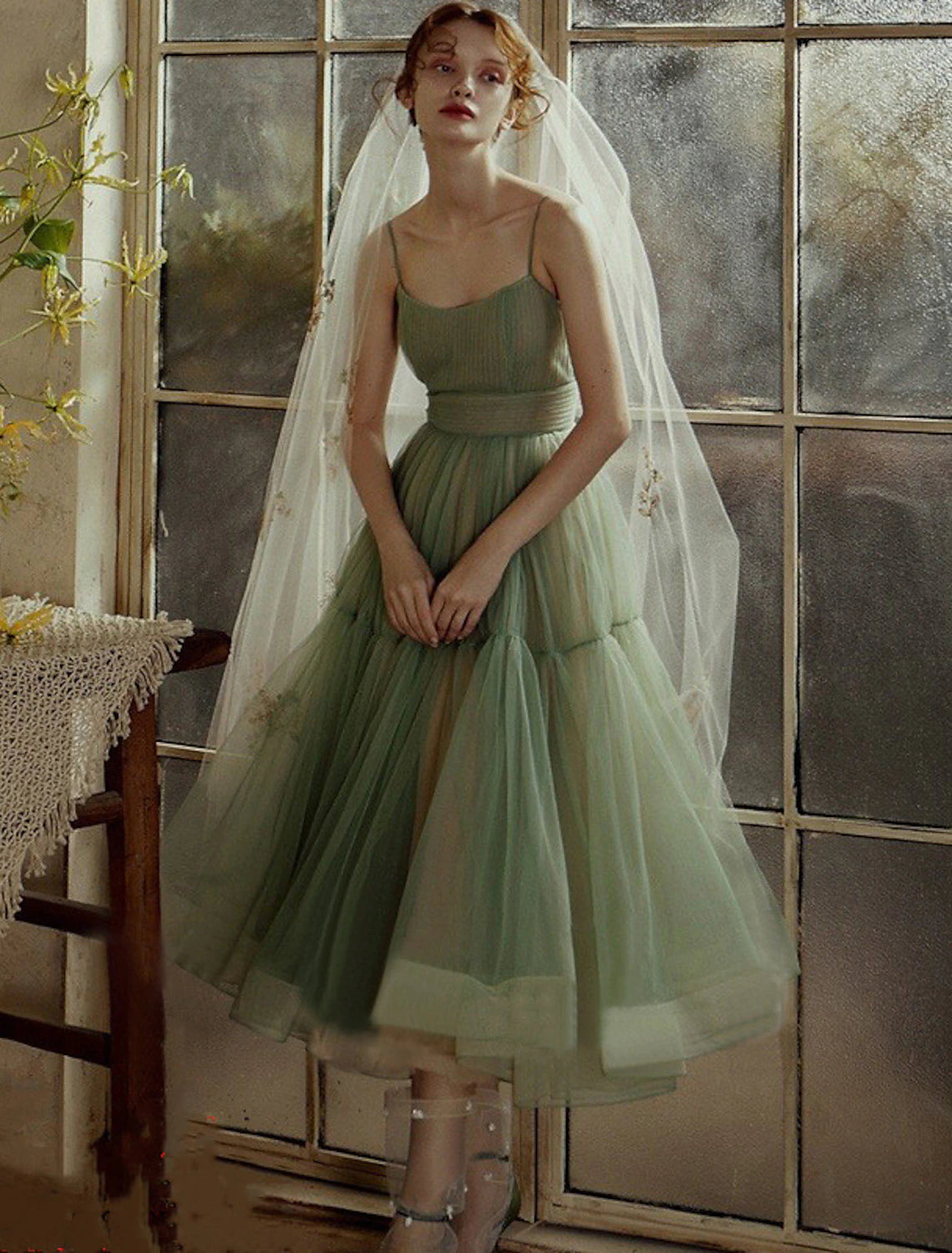 A-Line Prom Dresses Elegant Dress Wedding Guest Birthday Tea Length Sleeveless Spaghetti Strap Tulle with Sash / Ribbon Pleats