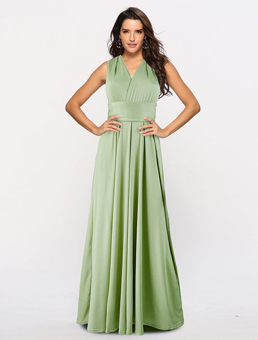 A-Line Bridesmaid Dress Halter Neck / V Neck Sleeveless Convertible Infinity Floor Length Spandex with Sash / Ribbon / Pleats dress to impress