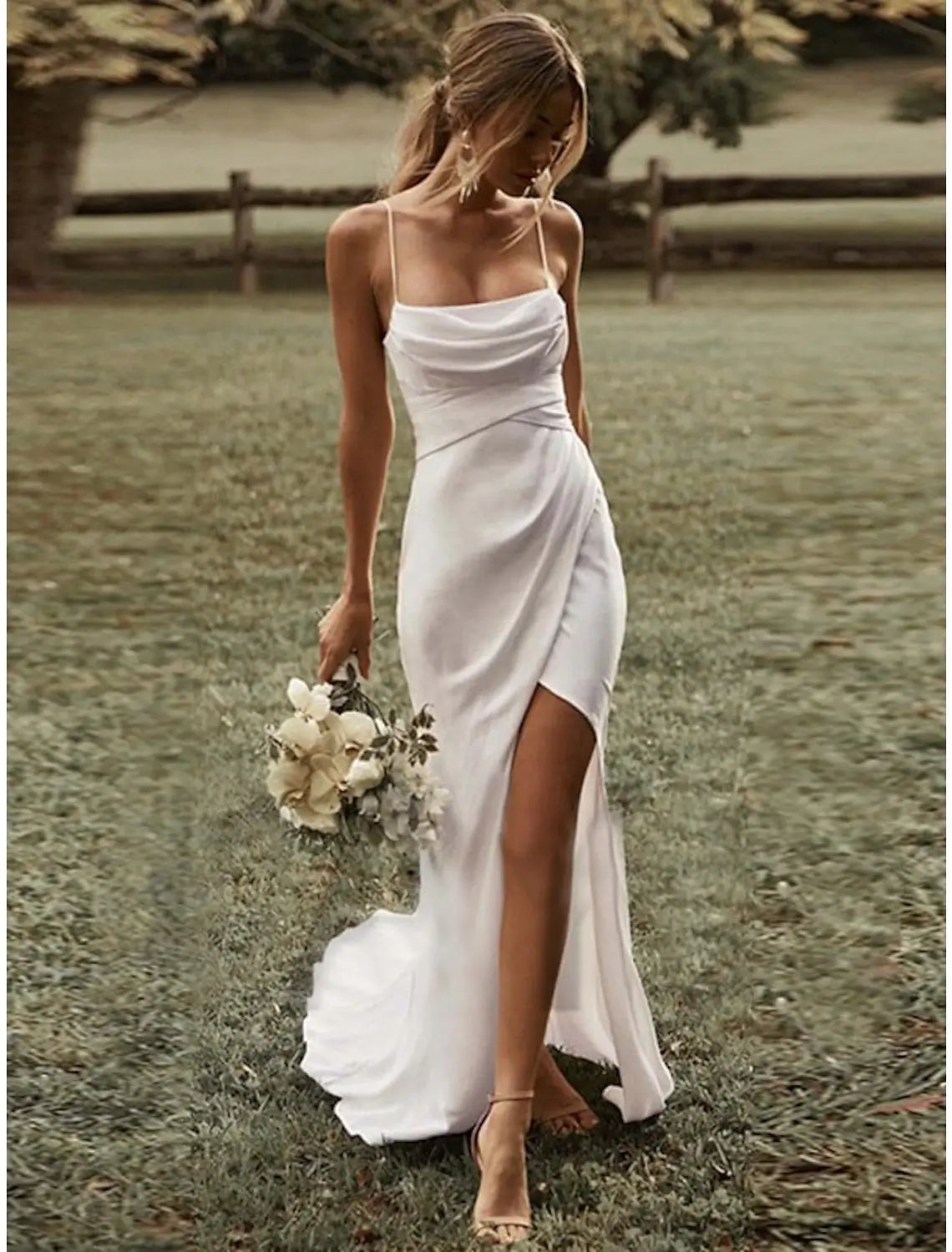Beach Wedding Beach Sexy Casual Simple Simple Wedding Dresses Sheath Square Camisole Spaghetti Strap Sweep / Brush Train Stretch Fabric Bridal Gowns With Ruched Split Front