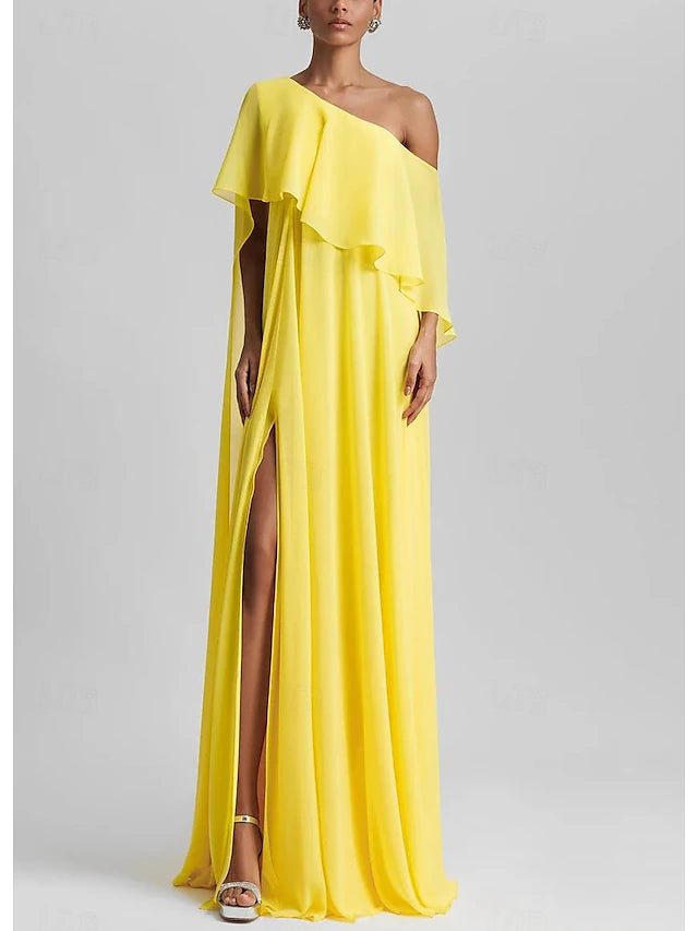 A-Line Floor Length Prom Dresses Elegant Sleeveless One Shoulder Formal Wedding Guest Stretch Chiffon with Ruffles Slit