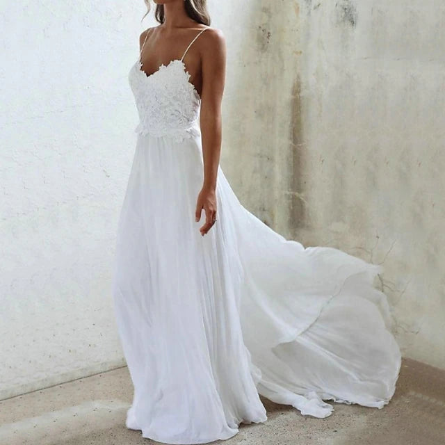 Beach Sexy Boho Simple Wedding Dress Beach Wedding A-Line Sweetheart Camisole Spaghetti Strap Sweep / Brush Train Chiffon Bridal Gowns With Pleats Appliques dress to impress Fall Wedding