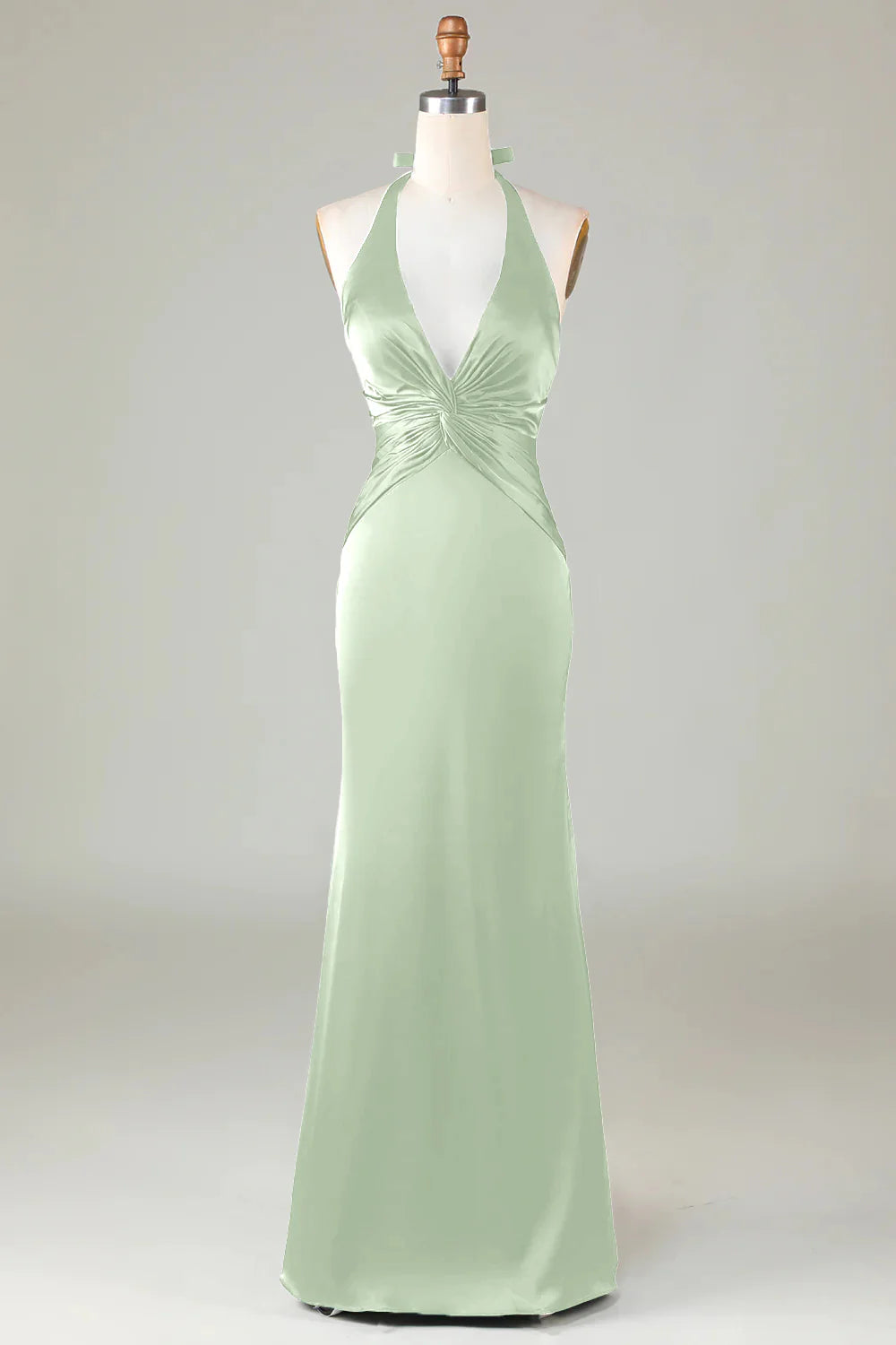 Dusty Sage Satin Sheath Halter Long Bridesmaid Dress