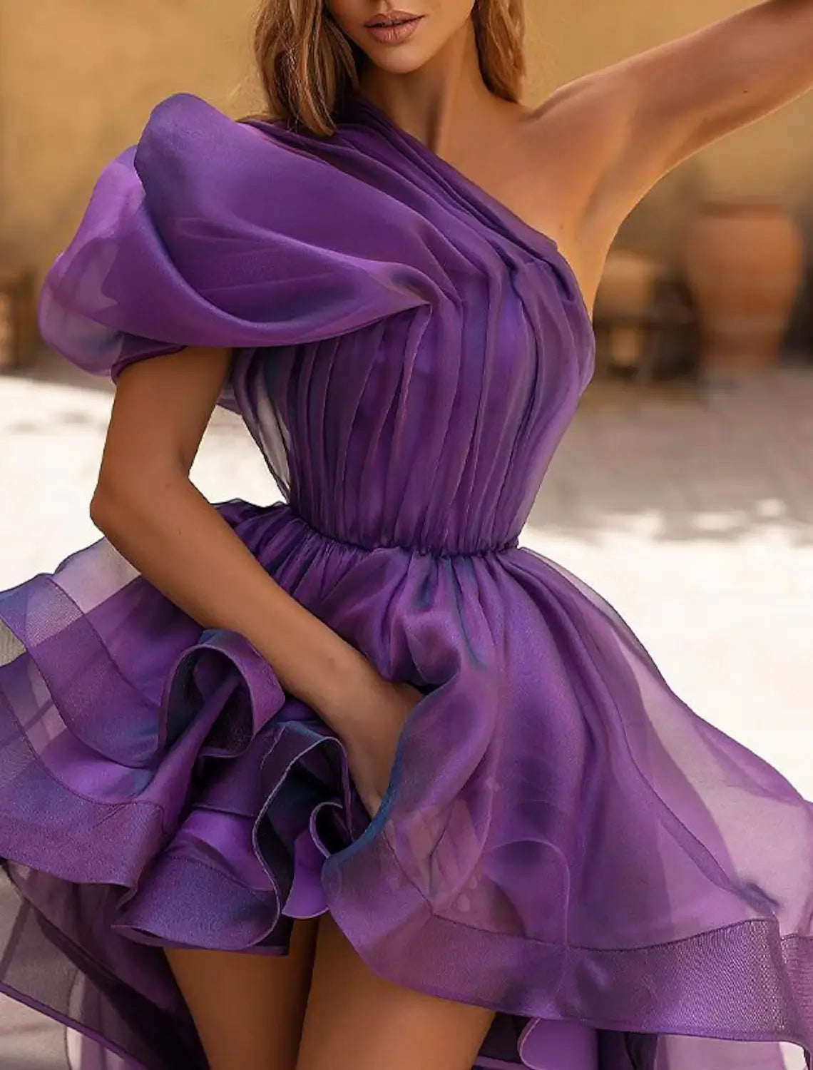 A-Line Evening Gown Sexy Dress Prom Wedding Party Asymmetrical Sleeveless One Shoulder Organza with Ruffles Pure Color Masquerade Dress
