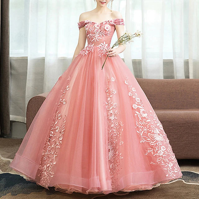 Ball Gown Floor Length Prom Dresses Princess Puffy Sleeveless Off Shoulder Performance Quinceanera Polyester with Appliques