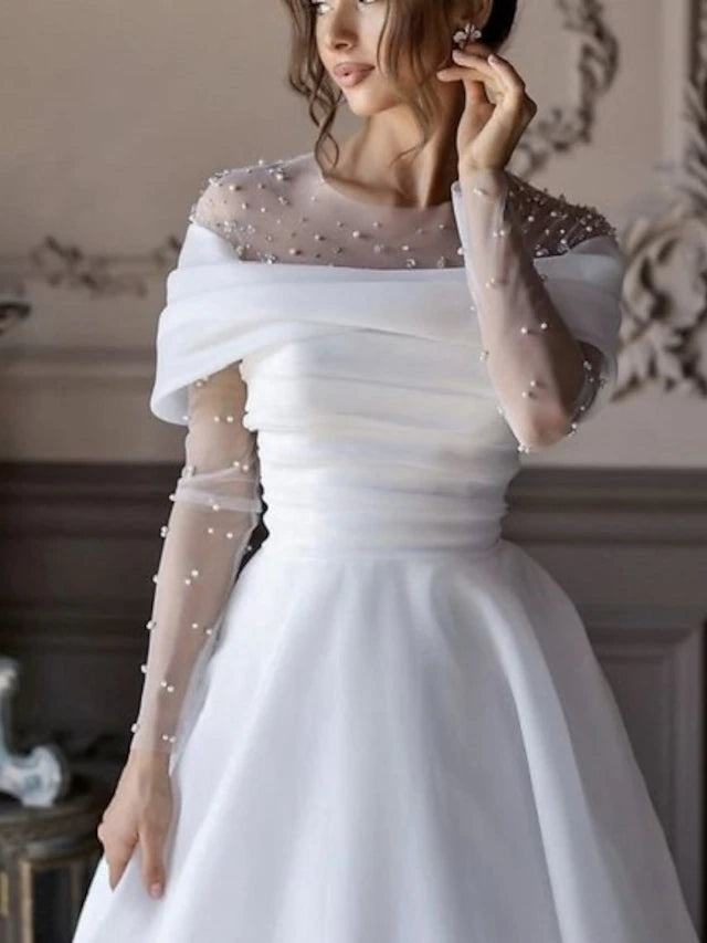 Beach Simple Wedding Dresses Formal Wedding Dresses A-Line Illusion Neck Long Sleeve Floor Length Tulle Bridal Gowns With Ruched Beading