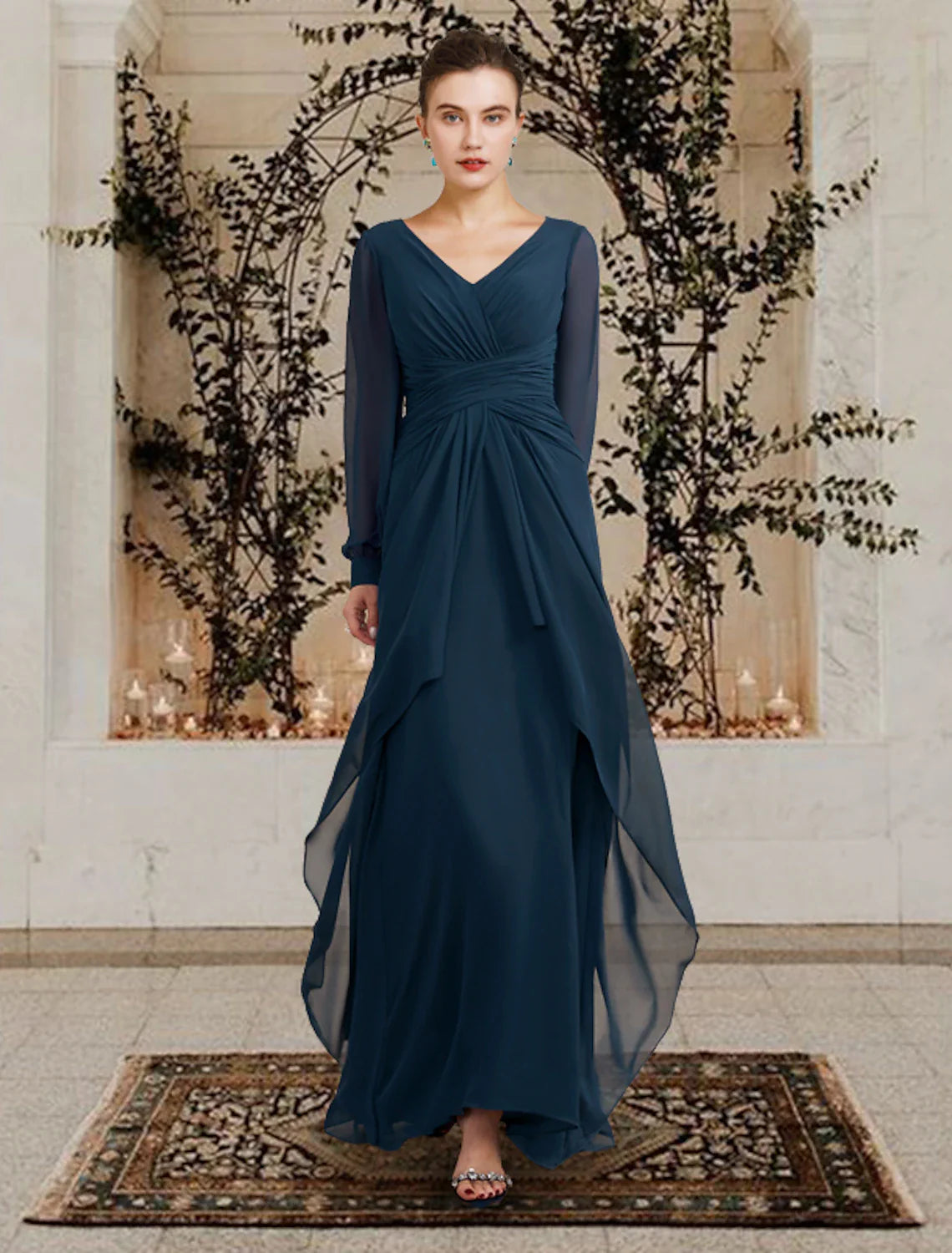 A-Line Mother of the Bride Dress Wedding Guest Elegant Plus Size V Neck Floor Length Chiffon Long Sleeve with Ruched Ruffles Side-Draped dress