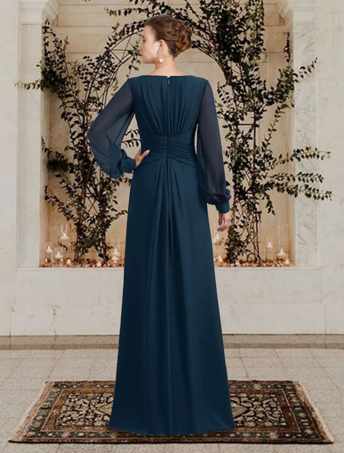A-Line Mother of the Bride Dress Wedding Guest Elegant Plus Size V Neck Floor Length Chiffon Long Sleeve with Ruched Ruffles Side-Draped dress