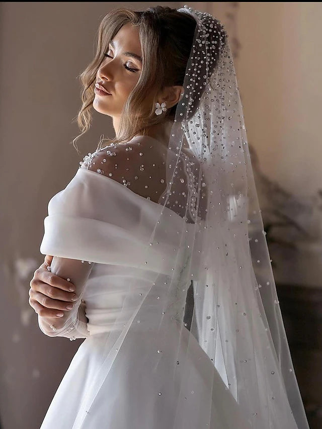 Beach Simple Wedding Dresses Formal Wedding Dresses A-Line Illusion Neck Long Sleeve Floor Length Tulle Bridal Gowns With Ruched Beading