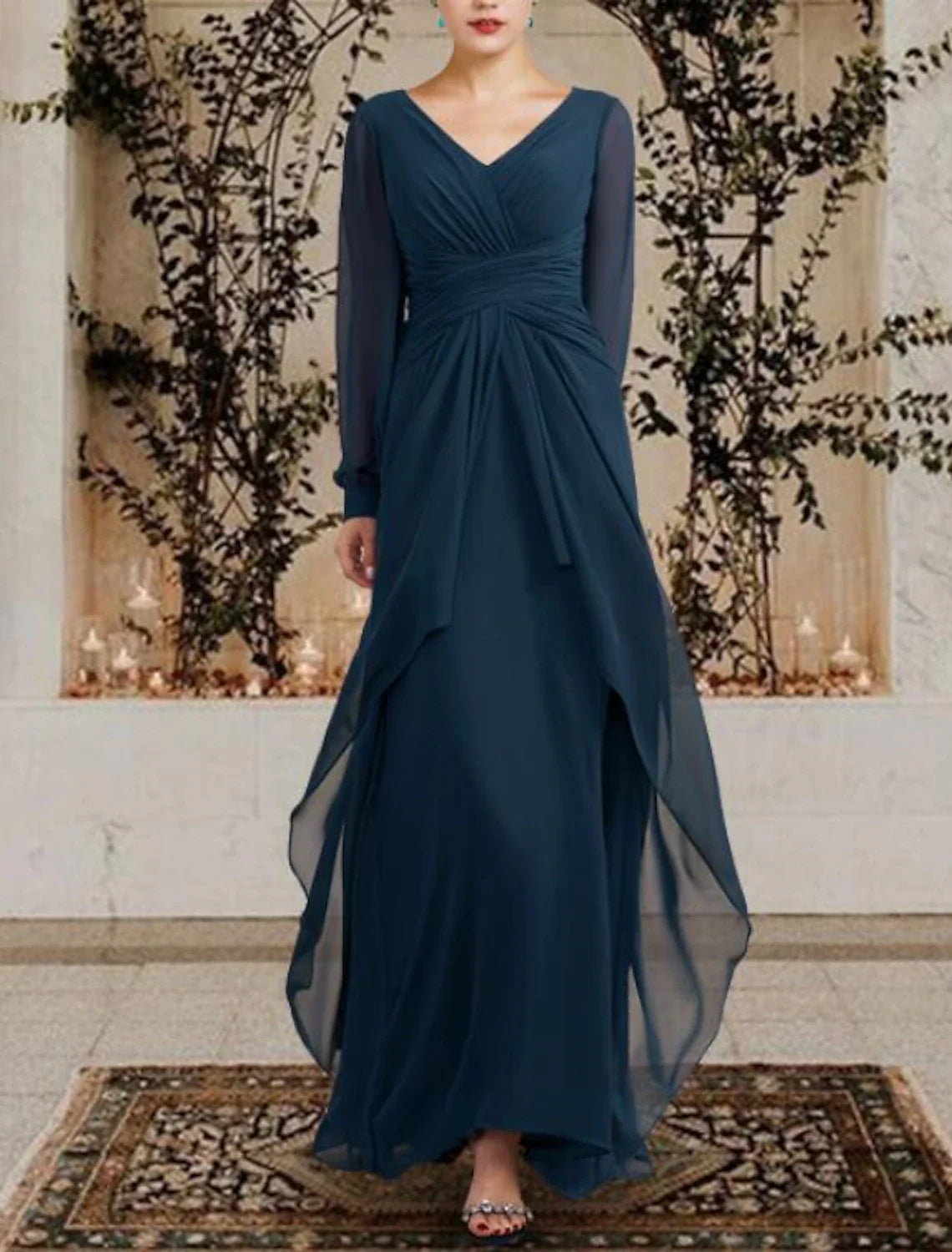 A-Line Mother of the Bride Dress Wedding Guest Elegant Plus Size V Neck Floor Length Chiffon Long Sleeve with Ruched Ruffles Side-Draped dress