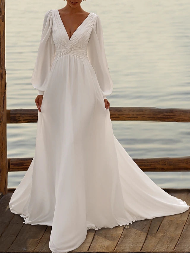 Beach Wedding Formal Simple Wedding Dresses A-Line V Neck Long Sleeve Court Train Chiffon Bridal Gowns With Pleats Ruched