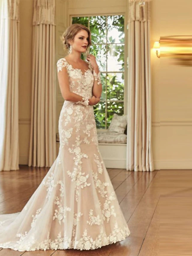 Gold Dress Engagement Formal Wedding Dresses Mermaid Illusion Neck Long Sleeve Court Train Lace Bridal Gowns With Embroidery dress to impress