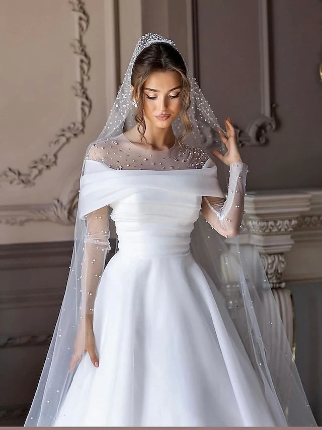 Beach Simple Wedding Dresses Formal Wedding Dresses A-Line Illusion Neck Long Sleeve Floor Length Tulle Bridal Gowns With Ruched Beading